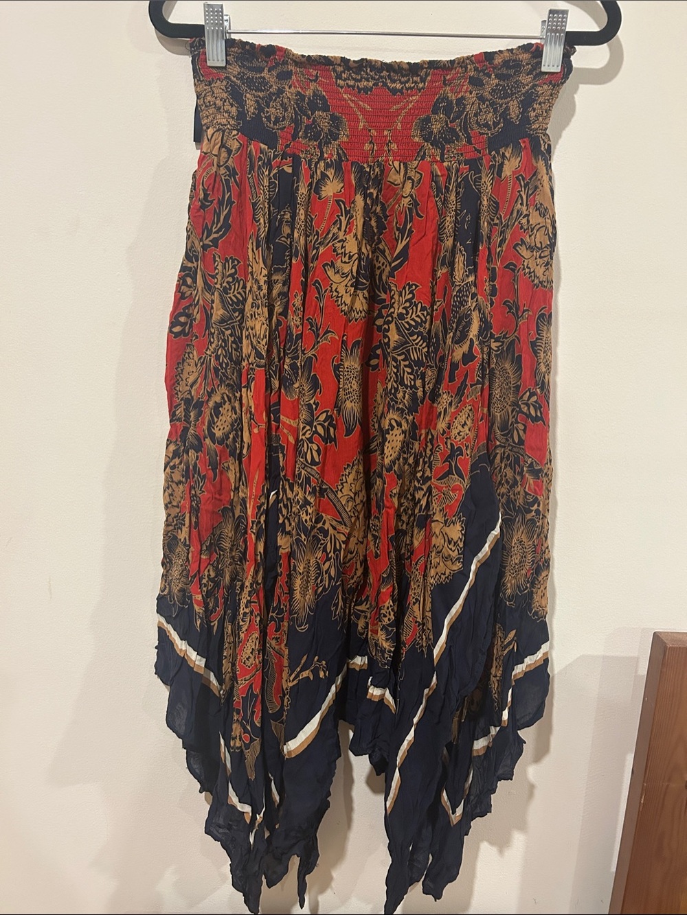 Free People Red, Navy & Gold Asymmetrical Floral Maxi Skirt